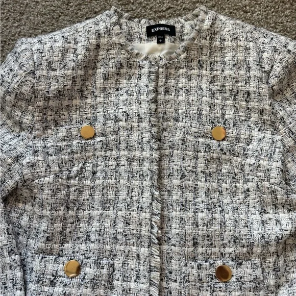 EXPRESS NEUTRAL PRINT PADDED SHOULDER TWEED BLAZER SZ L - Picture 2 of 11